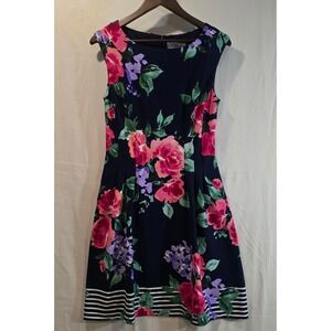 J. Howard Navy Floral Cap Sleeve Knee Length Dress Size 10 Pleated Hem